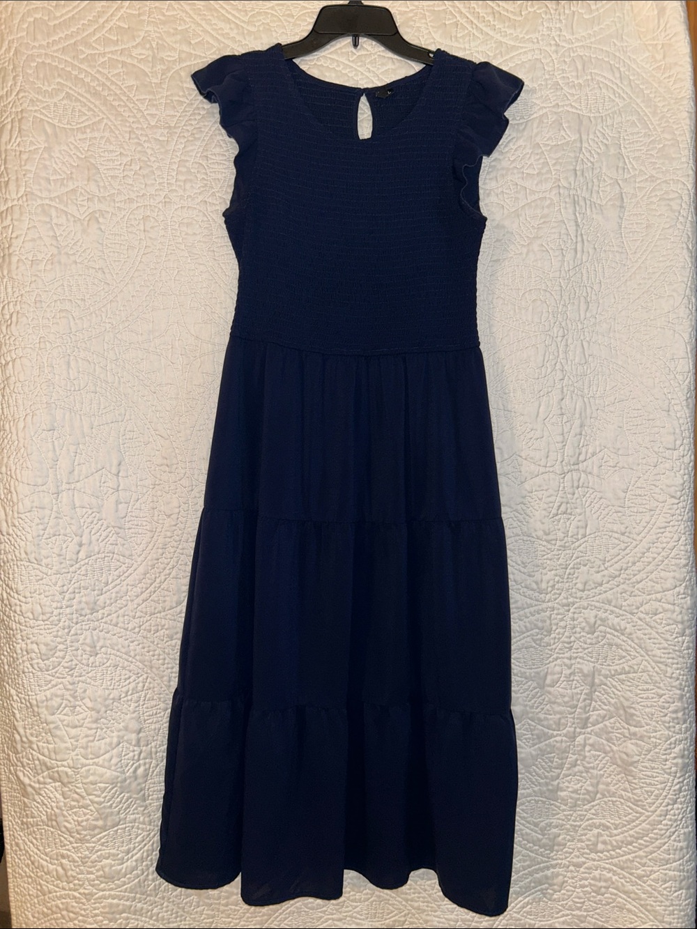 Navy Blue Midi Dress with Smocked Bodice and Flutter Sleeves